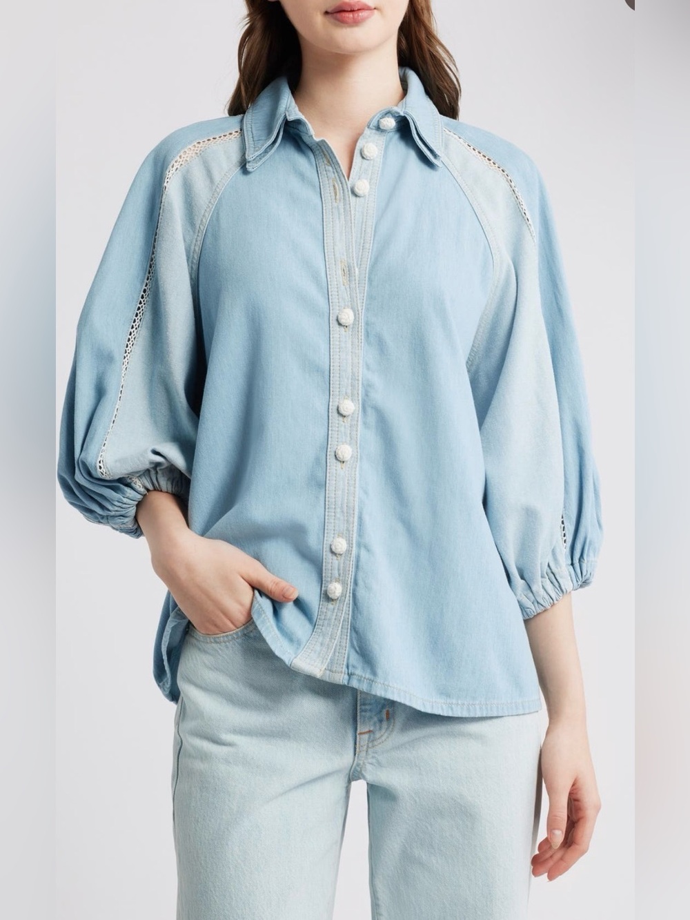 Bicolor Shirt - Denim Button-Up Blouse